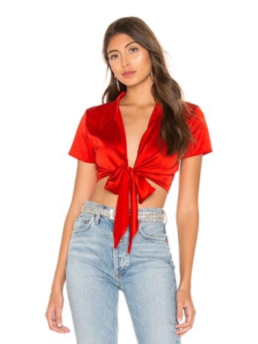 superdown Red Satin Tie-Front Crop Blouse